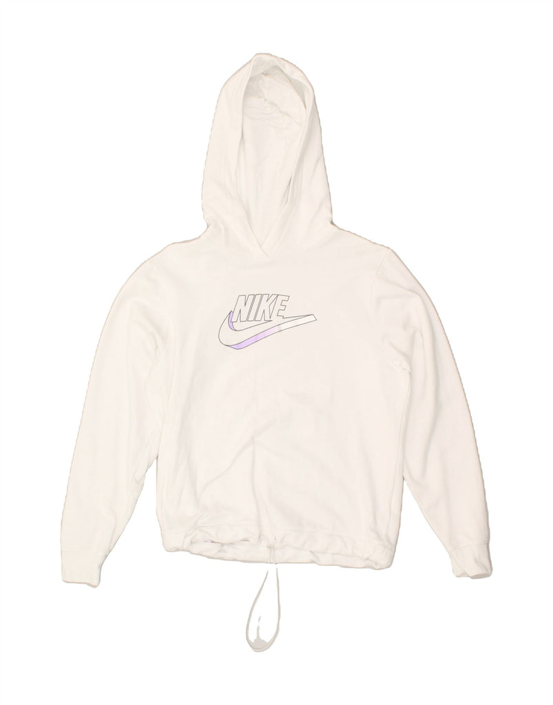 NIKE Womens Graphic Hoodie Jumper UK 6 XS White Cotton | Vintage Nike | Thrift | Second-Hand Nike | Used Clothing | Messina Hembry 