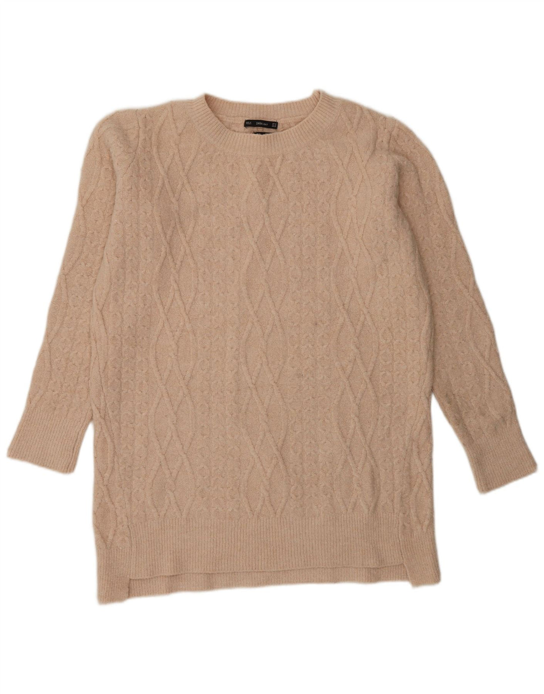 Zara Womens Longline Crew Neck Jumper Sweater UK 14 Medium Beige