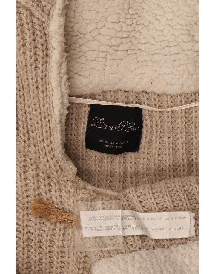 Zara Womens Hooded Cardigan Sweater UK 14 Medium Beige Polyester