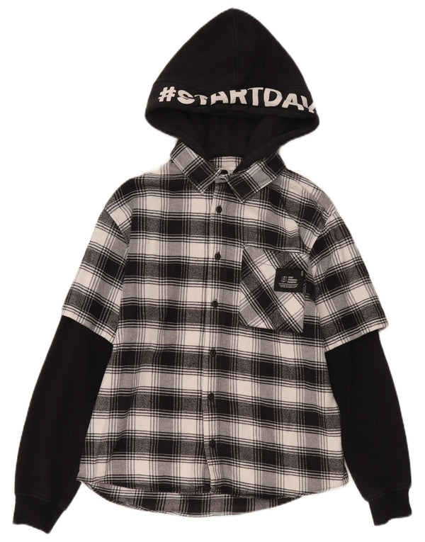 Zara Boys Graphic Hooded Flannel Shirt 13-14 Years Black Check Cotton
