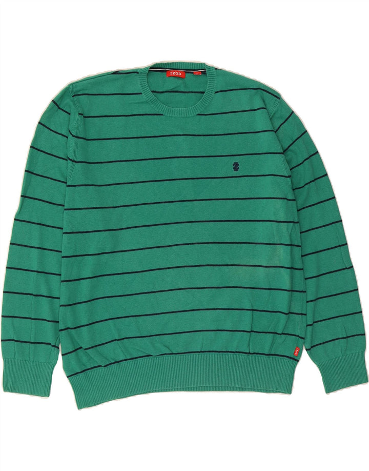 IZOD Mens Crew Neck Jumper Sweater Large Green Striped Cotton Vintage Izod and Second-Hand Izod from Messina Hembry 