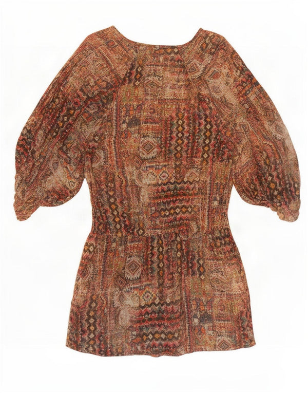Zara Womens Long Sleeve Drop Waist Dress UK 6 XS Brown Geometric Polyester