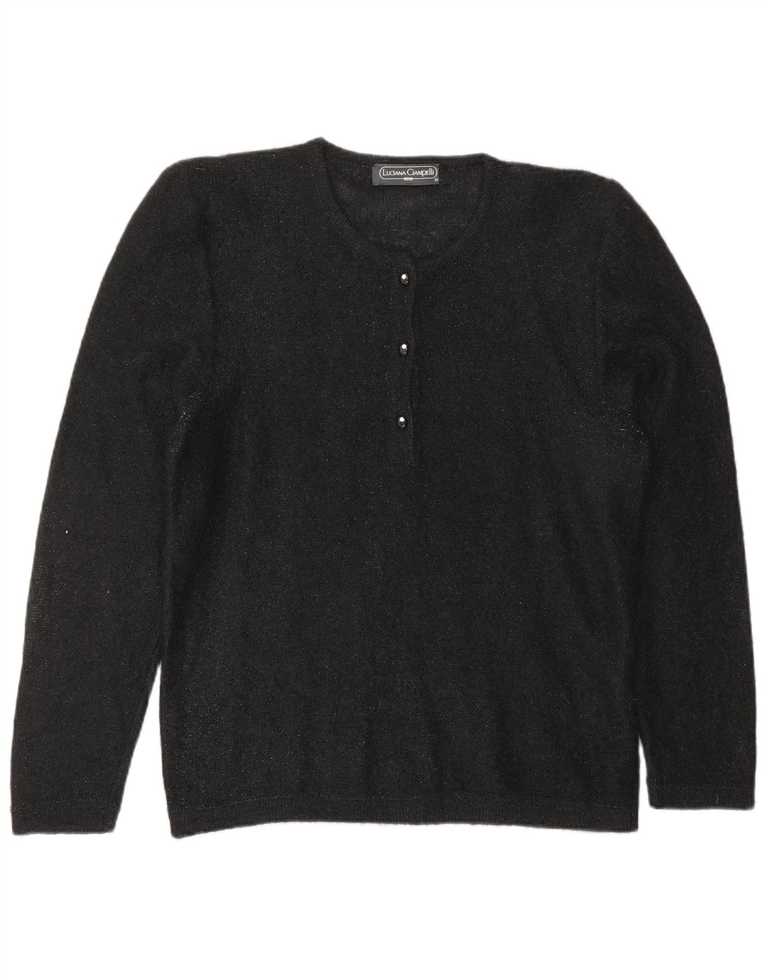 VINTAGE Womens Button Neck Jumper Sweater UK 10 Small Black Flecked Mohair