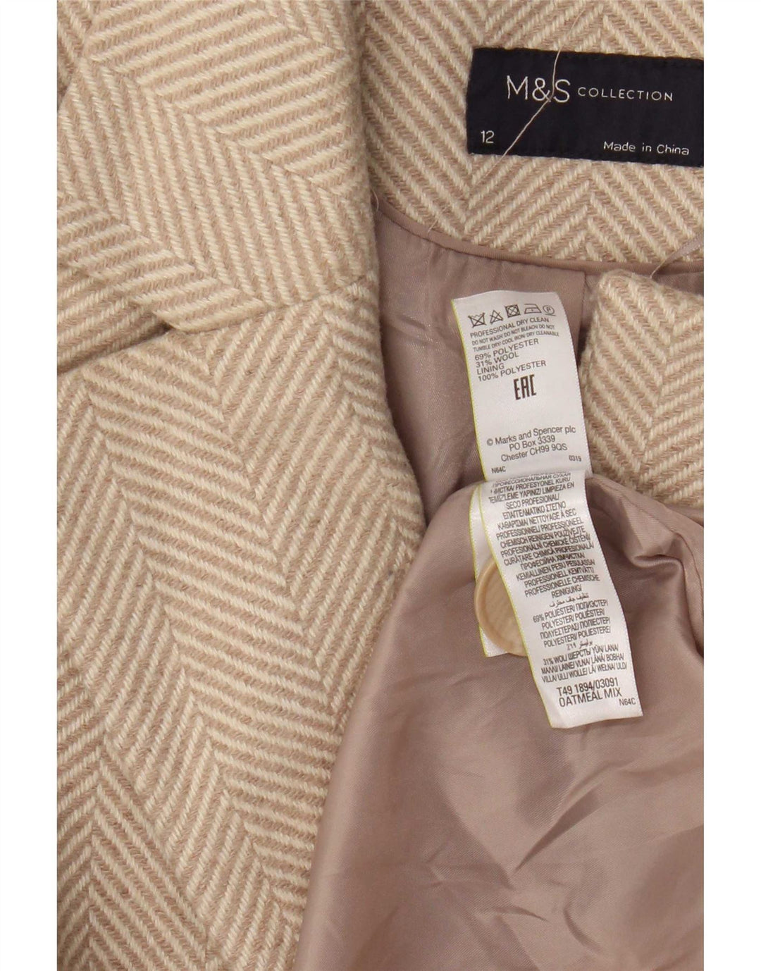 Marks & Spencer Womens Overcoat UK 12 Medium Beige Herringbone Polyester