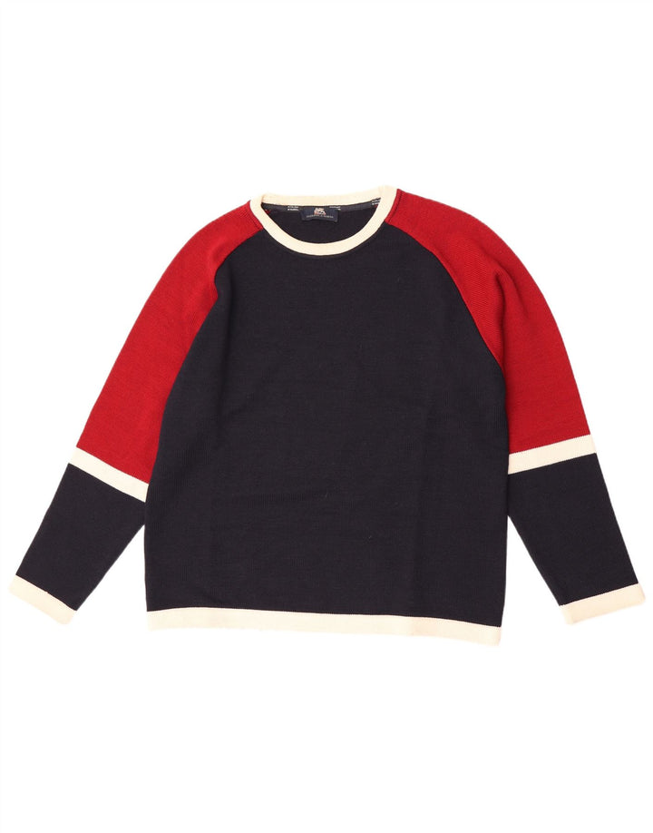 Vintage Mens Crew Neck Jumper Sweater Small Navy Blue Colourblock Wool