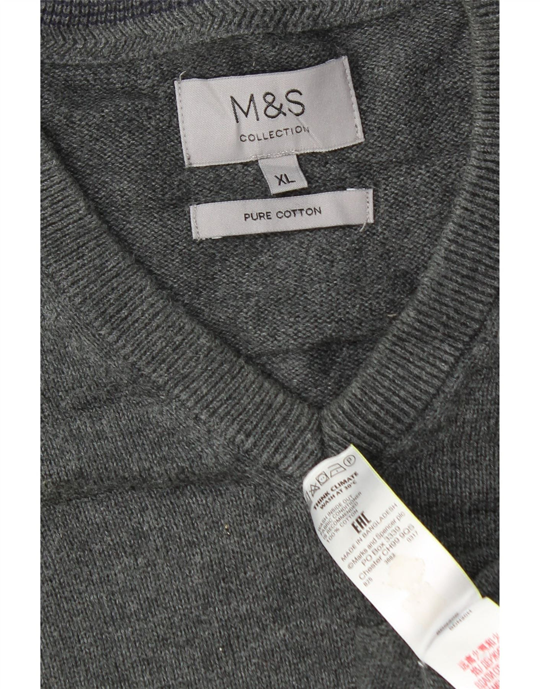 Marks & Spencer Mens V-Neck Jumper Sweater XL Grey Cotton
