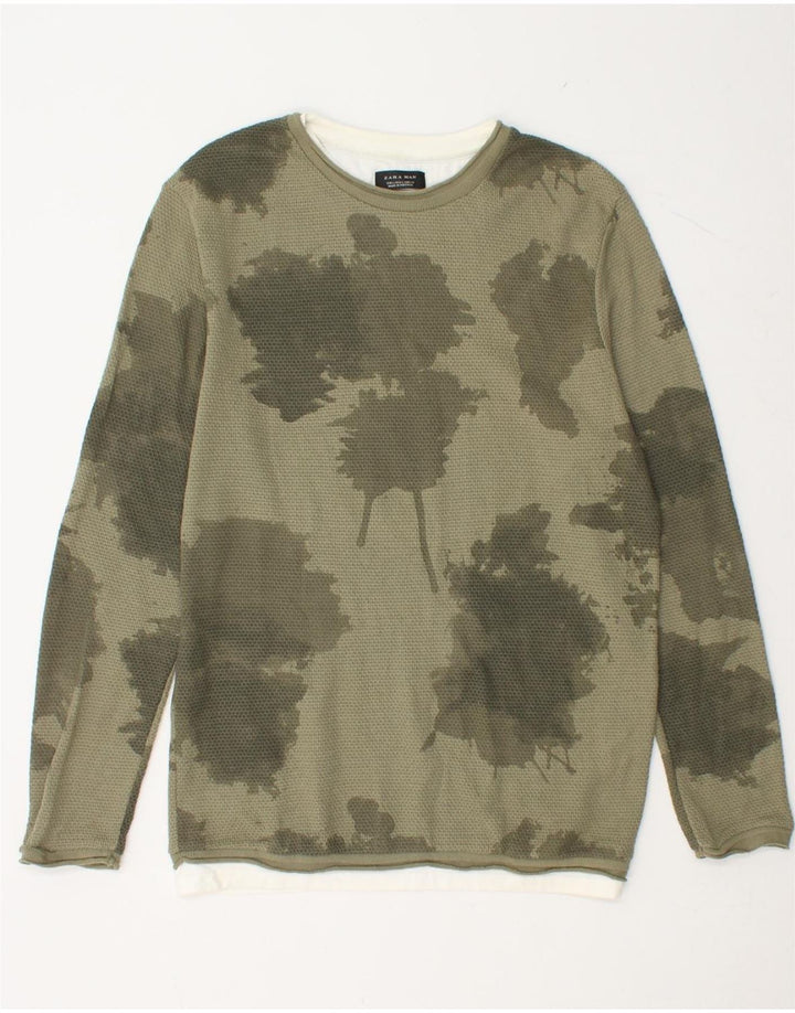 ZARA Mens Top Long Sleeve Large Green Camouflage Cotton
