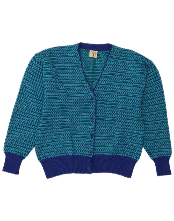 Vintage Womens Cardigan Sweater UK 14 Medium Blue Houndstooth Wool
