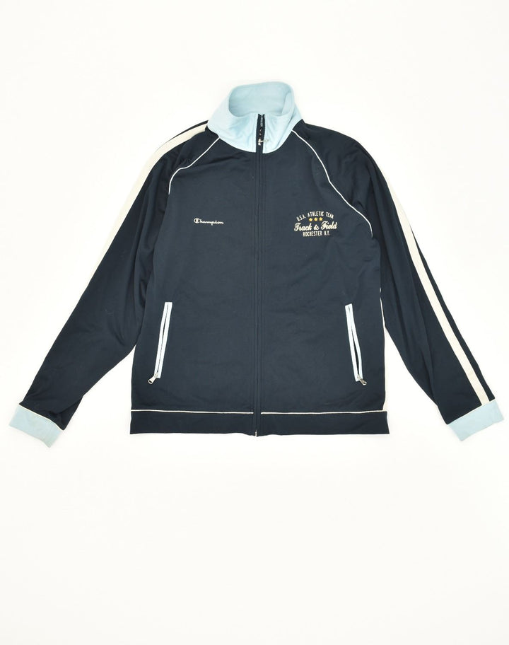 CHAMPION Womens Tracksuit Top Jacket UK 14 Medium Navy Blue Polyester | Vintage Champion | Thrift | Second-Hand Champion | Used Clothing | Messina Hembry 