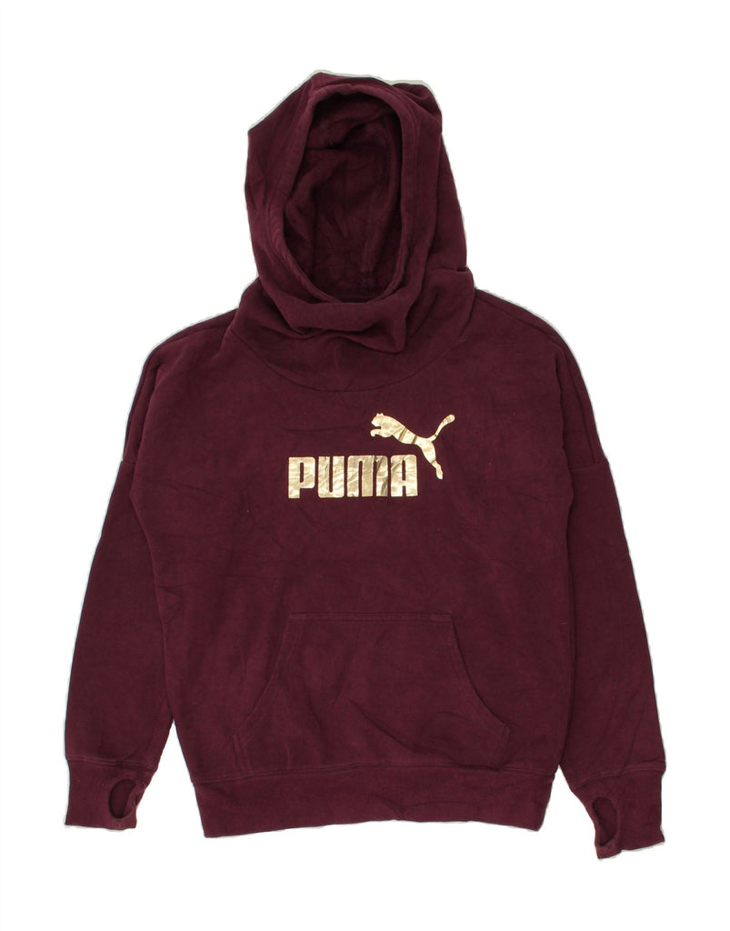 PUMA Womens Graphic Hoodie Jumper UK 8 Small Maroon Cotton | Vintage Puma | Thrift | Second-Hand Puma | Used Clothing | Messina Hembry 