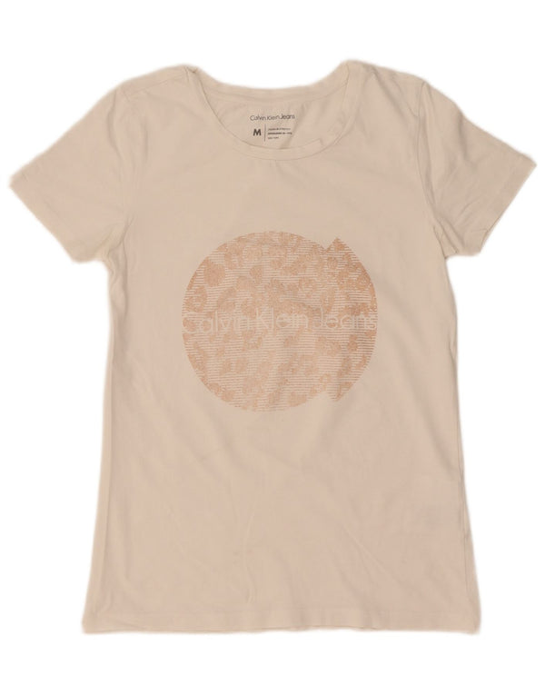 Calvin Klein Jeans Womens Graphic T-Shirt Top UK 12 Medium White Cotton