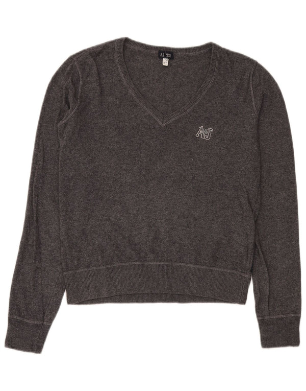 Armani Jeans Womens Crop V-Neck Jumper Sweater UK 14 Large Grey Viscose