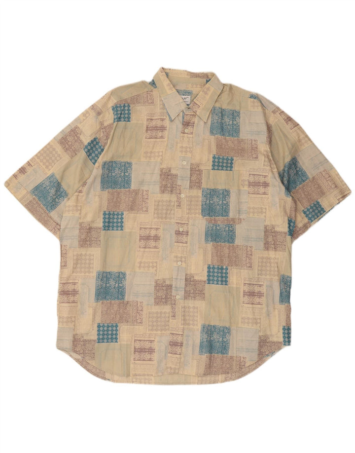 Vintage Mens Short Sleeve Shirt XL Beige Patchwork