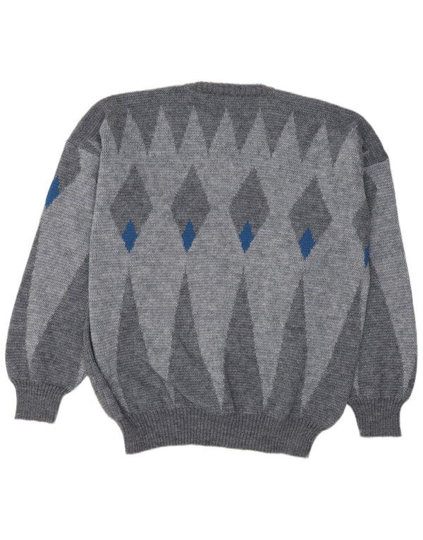 VOGUE Mens Crew Neck Jumper Sweater Large Grey Argyle/Diamond Wool