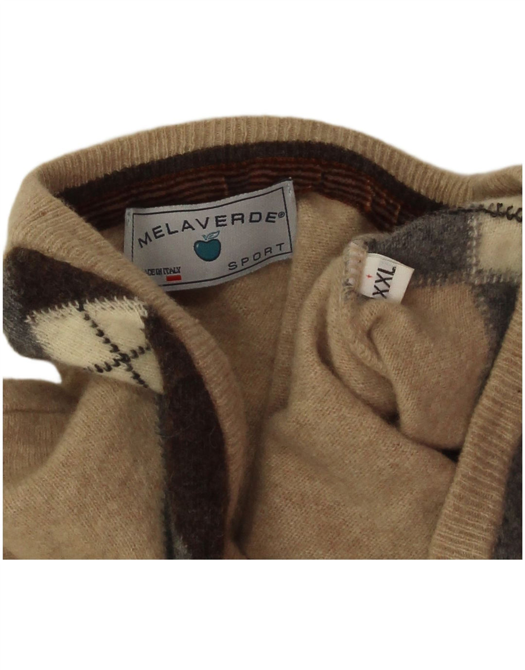Melaverde Mens V-Neck Jumper Sweater 2XL Beige Argyle/Diamond Wool