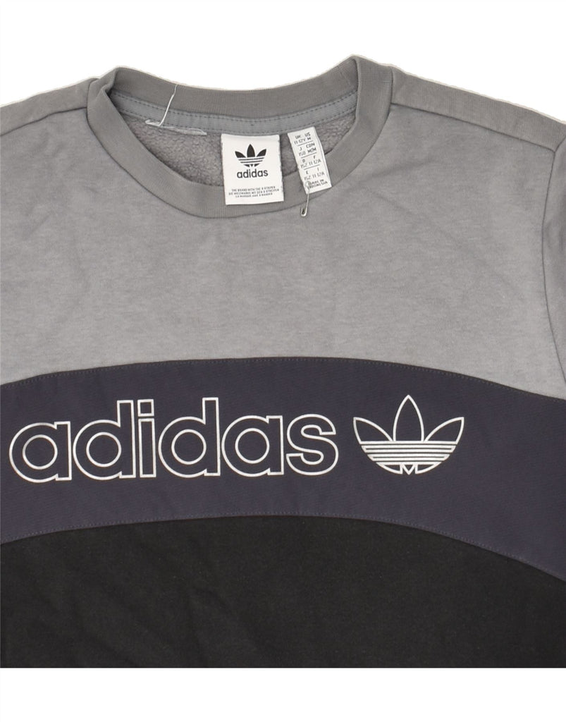 ADIDAS Boys Graphic Sweatshirt Jumper 11-12 Years Grey Colourblock Cotton | Vintage Adidas | Thrift | Second-Hand Adidas | Used Clothing | Messina Hembry 