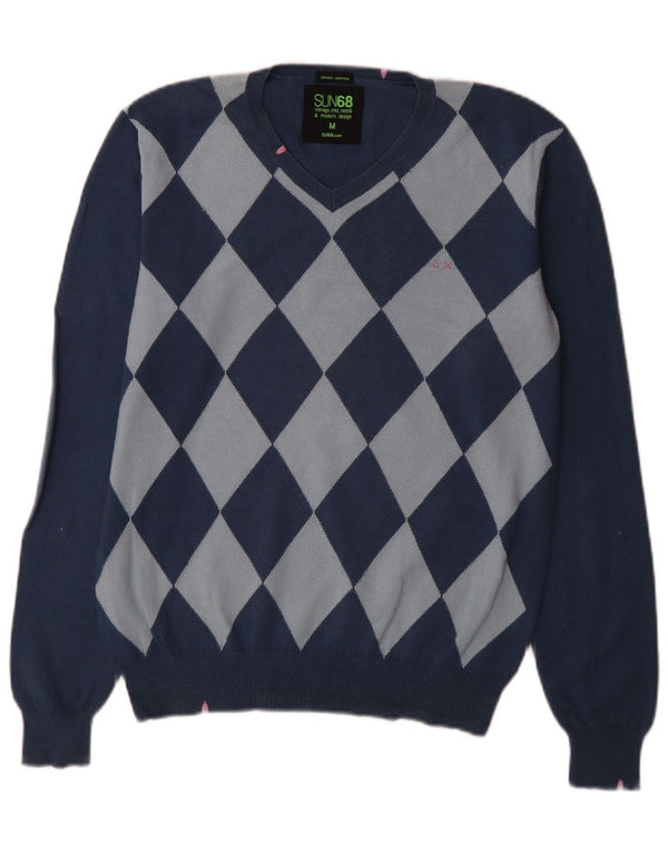 Sun68 Mens V-Neck Jumper Sweater Medium Blue Argyle/Diamond Cotton