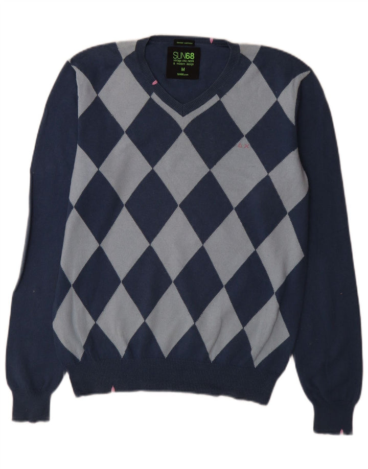 Sun68 Mens V-Neck Jumper Sweater Medium Blue Argyle/Diamond Cotton