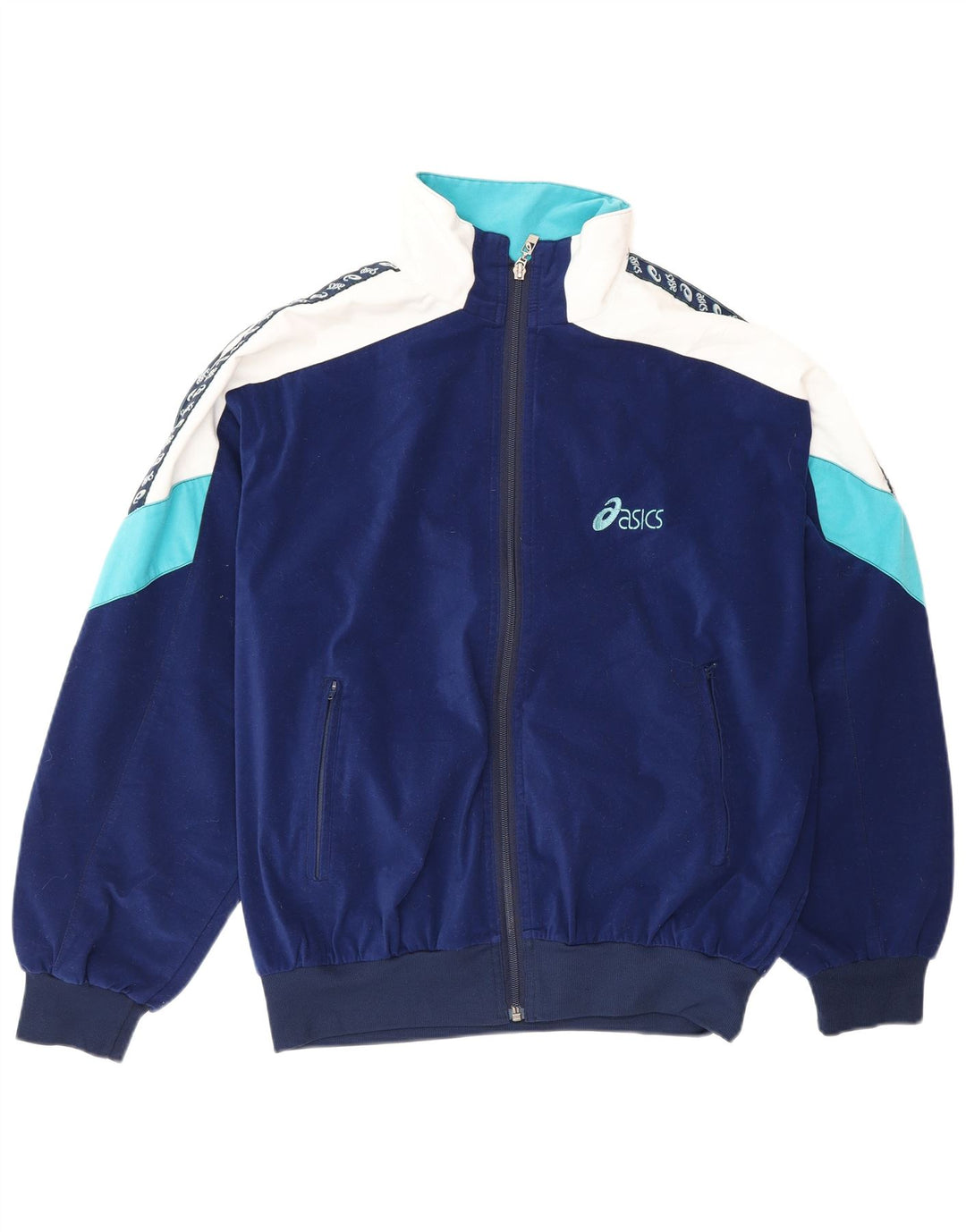 Asics Mens Tracksuit Top Jacket Large Navy Blue Colourblock Polyester