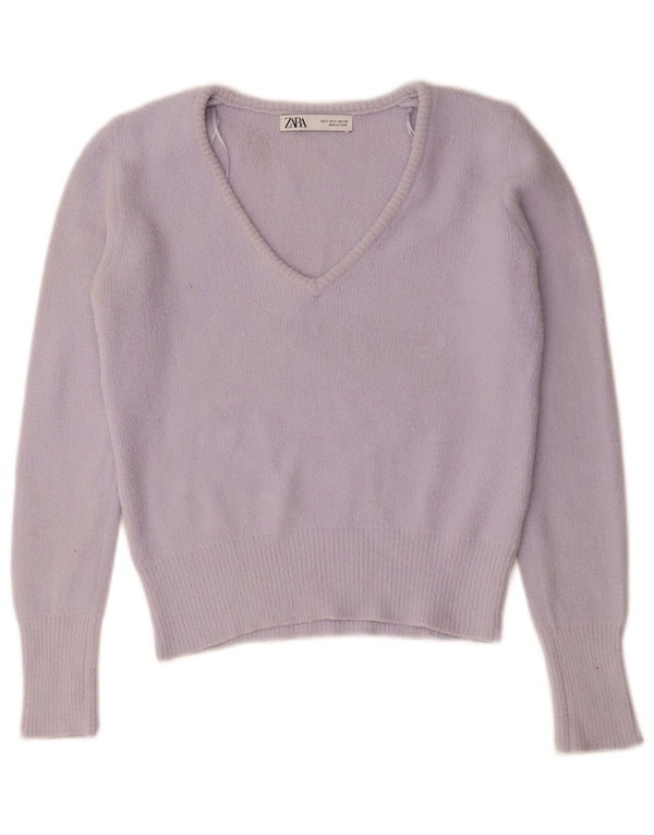 Zara Womens Crop V-Neck Jumper Sweater UK 10 Small Purple Nylon