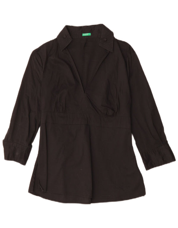 BENETTON Womens 3/4 Sleeve Blouse Top UK 10 Small Black Cotton