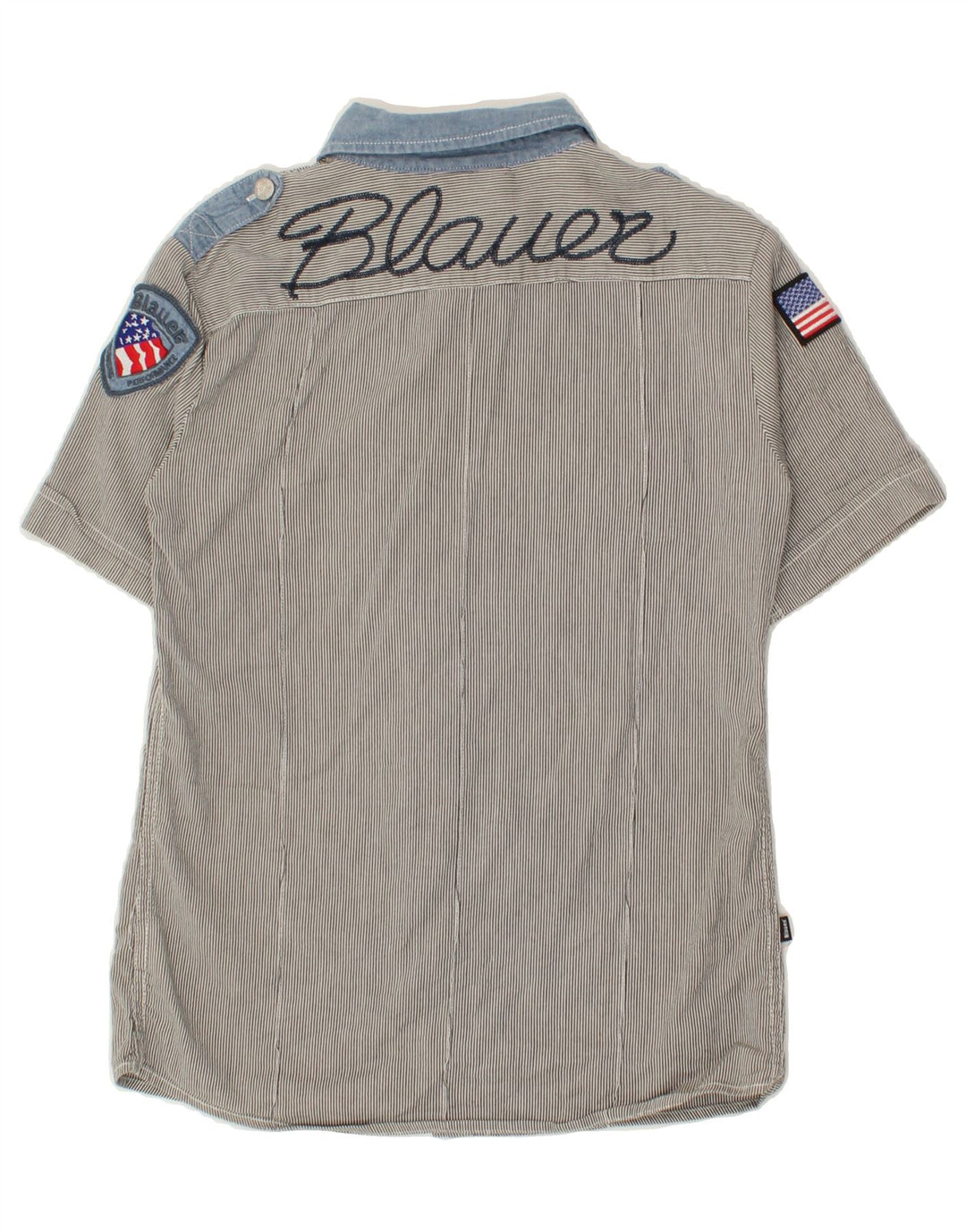 BLAUER Boys Graphic Short Sleeve Shirt 13-14 Years Grey Striped Cotton Vintage Blauer and Second-Hand Blauer from Messina Hembry 