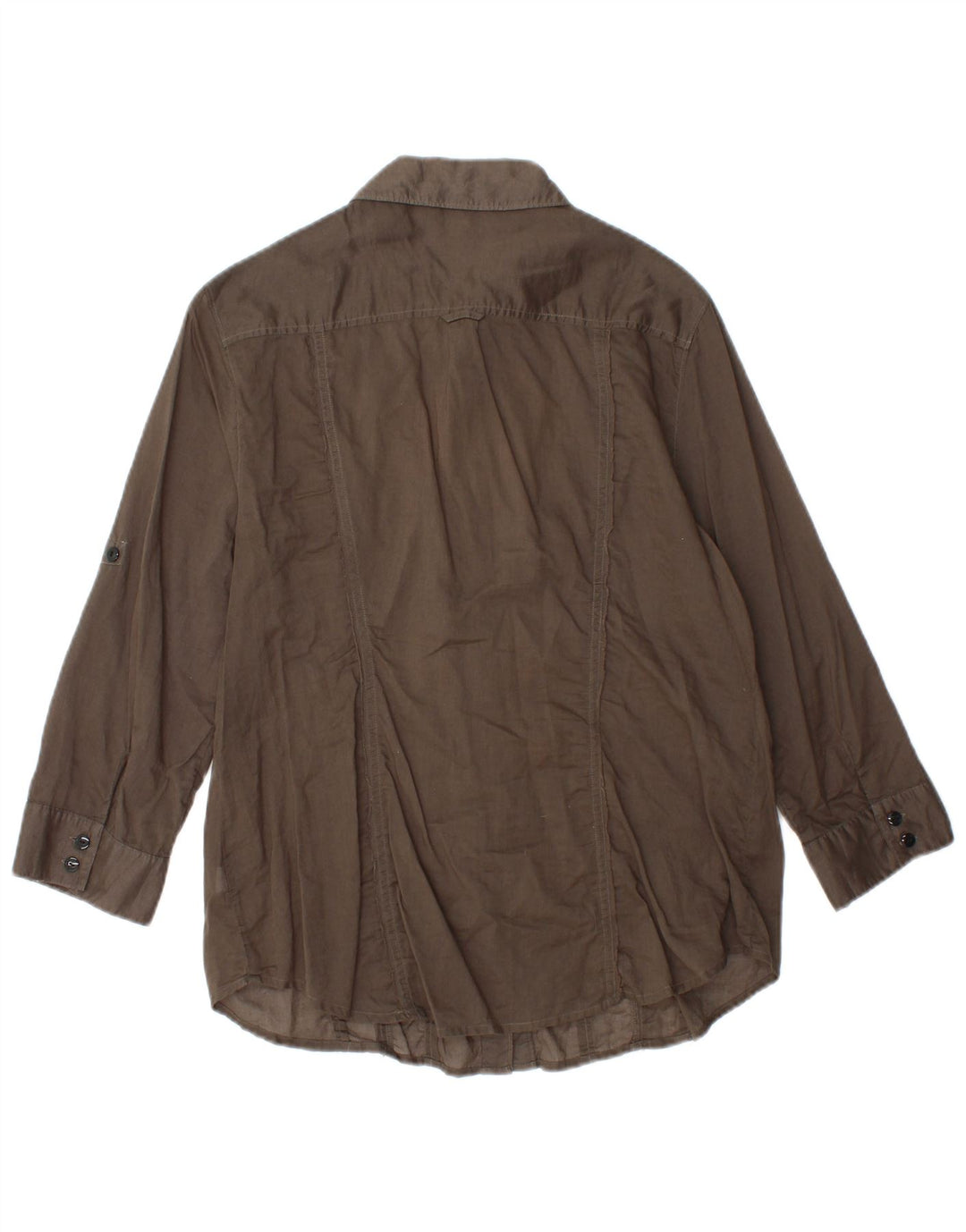 CALVIN KLEIN Womens 3/4 Sleeve Ruffle Front Shirt UK 14 Large Brown Cotton