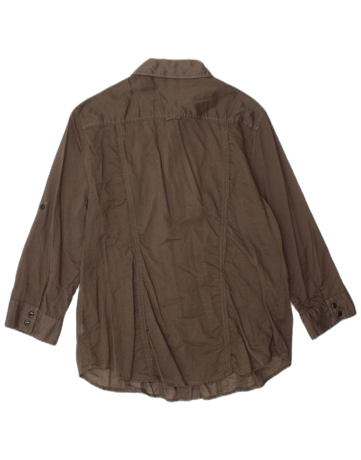 CALVIN KLEIN Womens 3/4 Sleeve Ruffle Front Shirt UK 14 Large Brown Cotton
