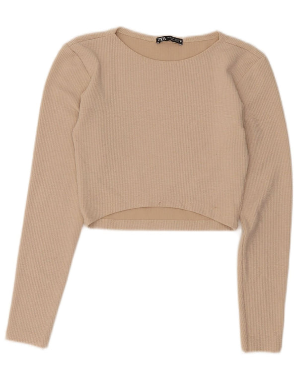 Zara Womens Crop Top Long Sleeve UK 12 Medium Beige Polyester