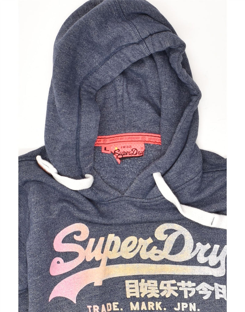 SUPERDRY Womens Graphic Hoodie Jumper UK 16 Large Navy Blue Cotton | Vintage Superdry | Thrift | Second-Hand Superdry | Used Clothing | Messina Hembry 