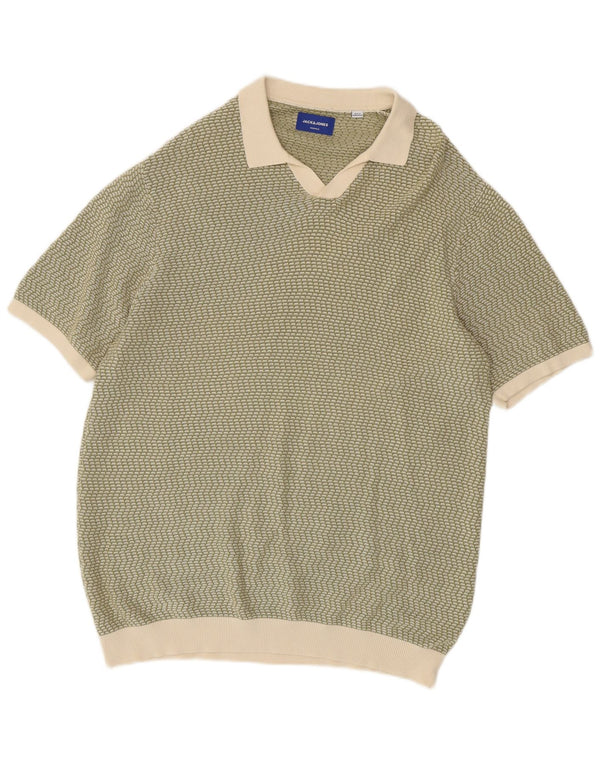 Jack & Jones Mens Polo Neck Jumper Sweater Large Green Geometric
