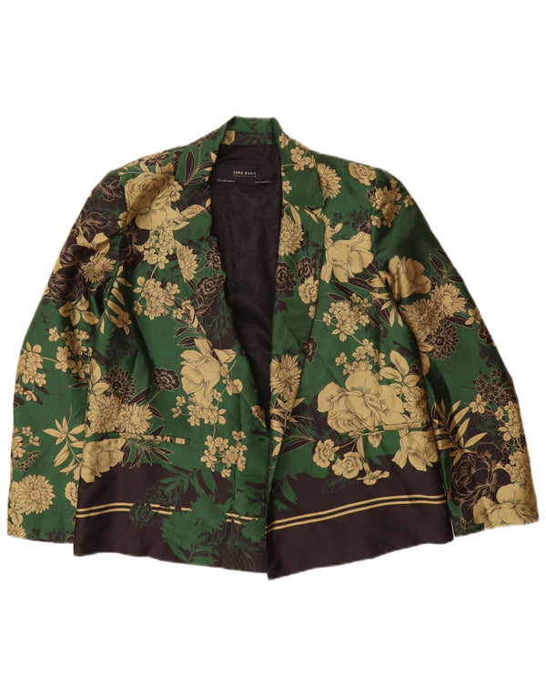 Zara Womens Open Blazer Jacket UK 14 Medium Green Floral Polyester