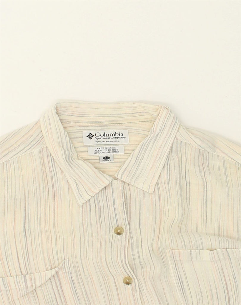 COLUMBIA Womens Short Sleeve Shirt UK 16 Large Beige Striped Cotton | Vintage Columbia | Thrift | Second-Hand Columbia | Used Clothing | Messina Hembry 