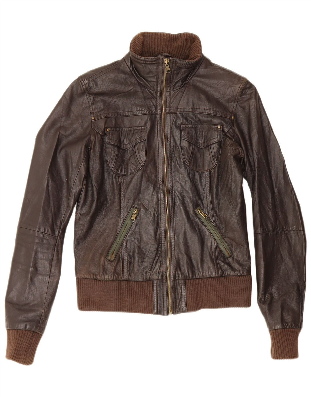 Bershka Womens Leather Jacket UK 12 Medium Brown
