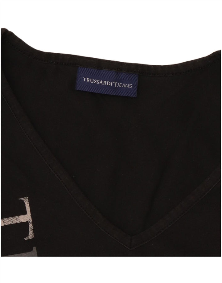 TRUSSARDI JEANS Womens Crop Graphic Top Long Sleeve UK 14 Large Black