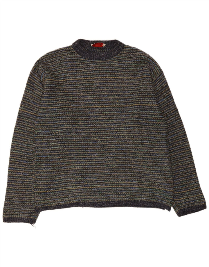 Vintage Mens Crew Neck Jumper Sweater Large Multicoloured Pinstripe Wool