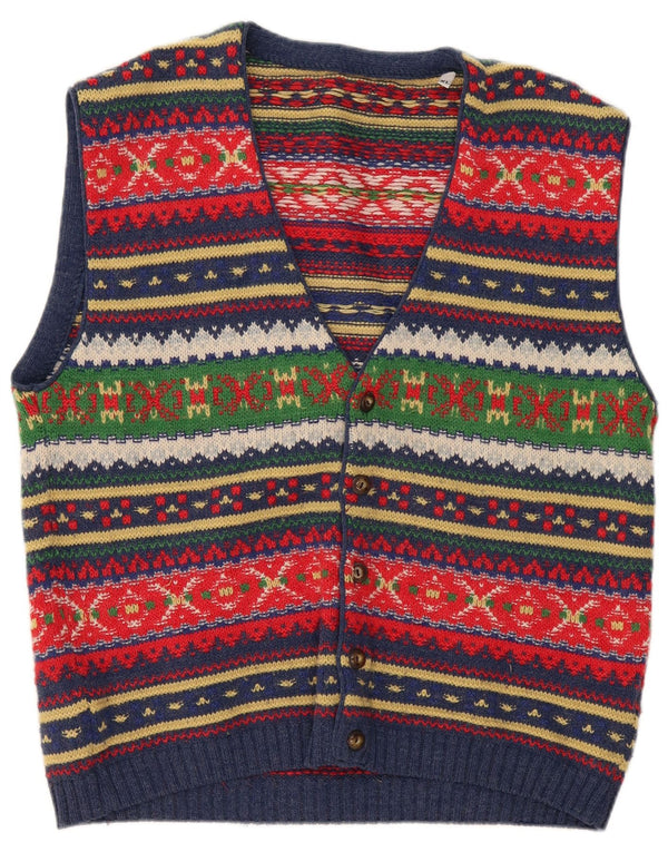 Vintage Mens Sleeveless Cardigan Sweater XL Multicoloured Fair Isle Wool