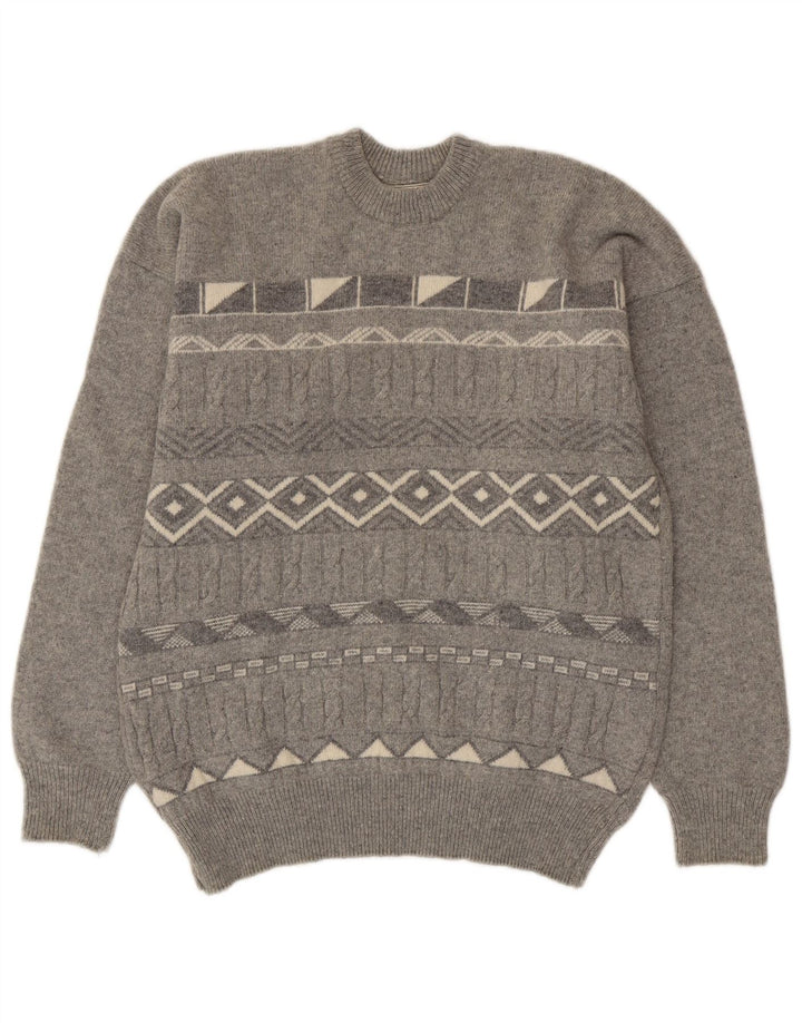 Vintage Mens Crew Neck Jumper Sweater Medium Grey Geometric