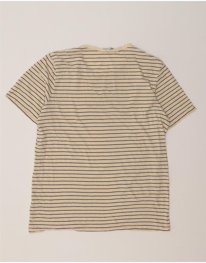 Zara Mens T-Shirt Top Large Beige Striped Cotton