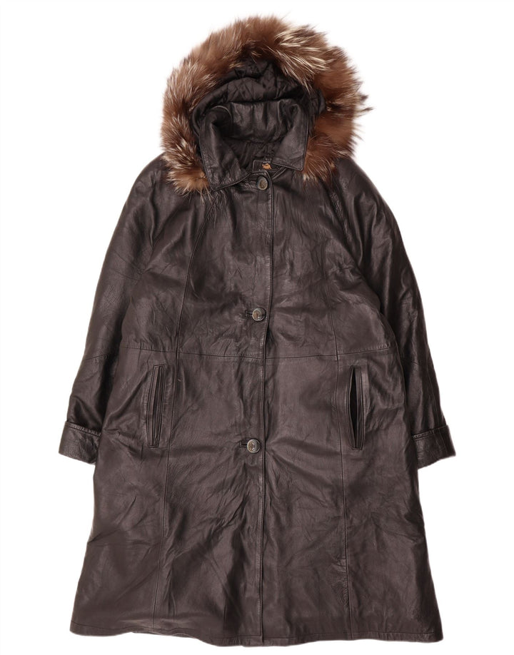 VINTAGE Womens Oversized Hooded Leather Coat UK 14 Medium Black Leather