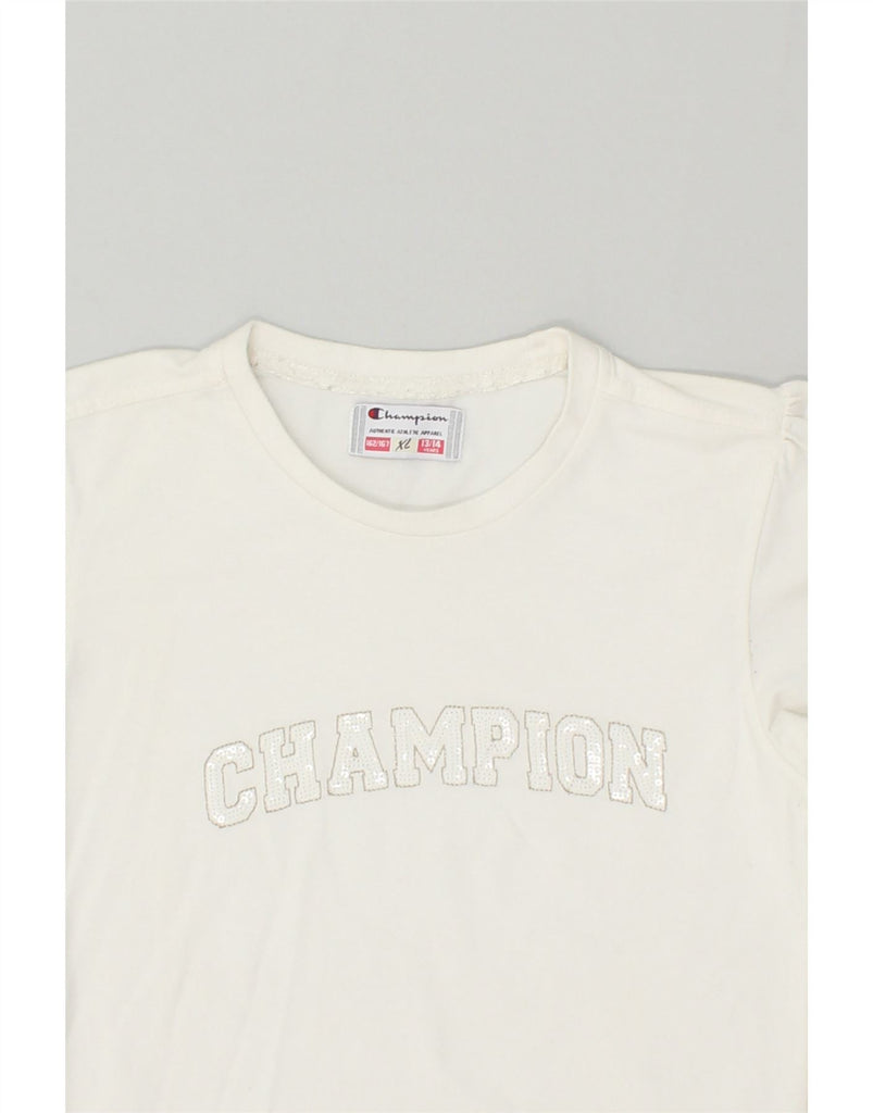 CHAMPION Girls Graphic Top Long Sleeve 13-14 Years XL Off White Cotton | Vintage Champion | Thrift | Second-Hand Champion | Used Clothing | Messina Hembry 