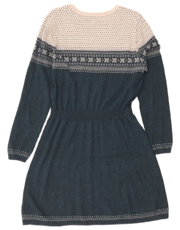 Fat Face Womens Long Sleeve Jumper Dress UK 16 Large Green Fair Isle Cotton