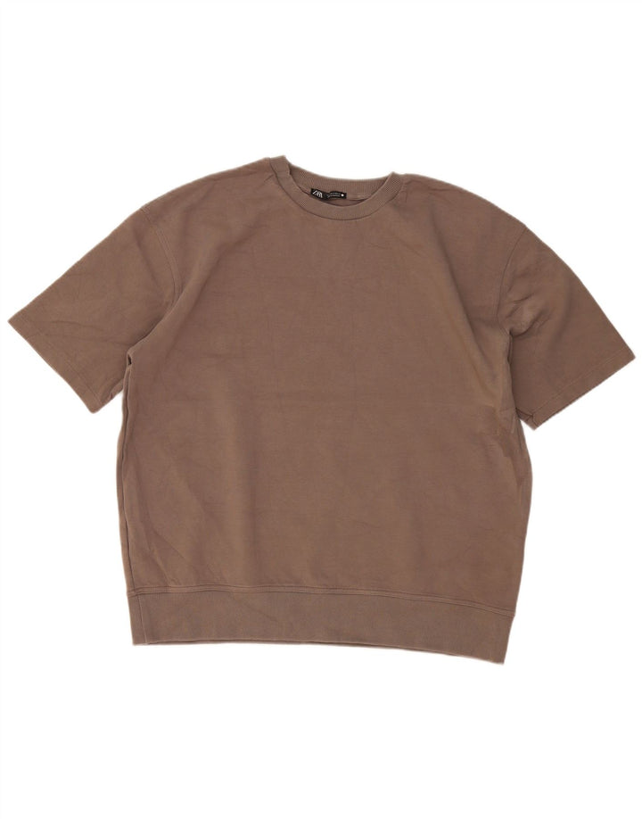 Zara Womens Short Sleeve Oversized Sweatshirt Jumper UK 14 Medium Beige