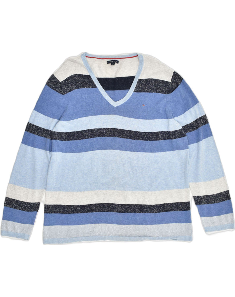 TOMMY HILFIGER Womens V-Neck Jumper Sweater UK 20 2XL Blue Striped | Vintage Tommy Hilfiger | Thrift | Second-Hand Tommy Hilfiger | Used Clothing | Messina Hembry 