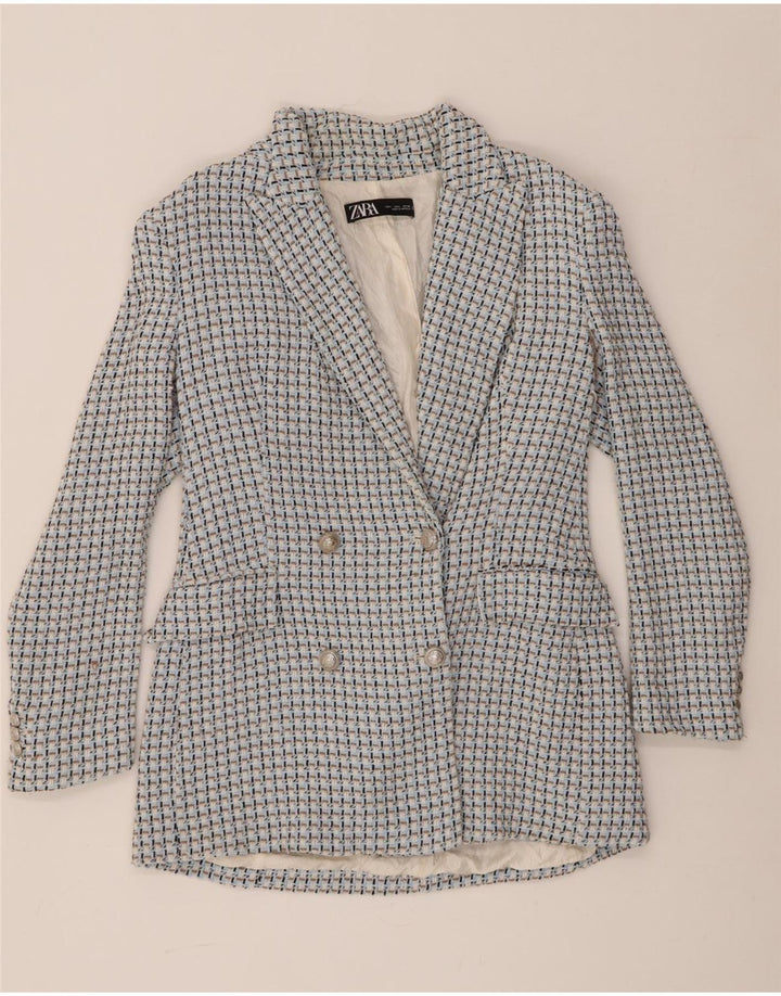 Zara Womens Double Breasted Blazer Jacket UK 14 Large Blue Gingham Cotton
