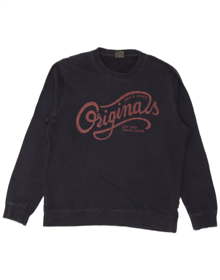 JACK & JONES Mens Graphic Sweatshirt Jumper Large Navy Blue Cotton