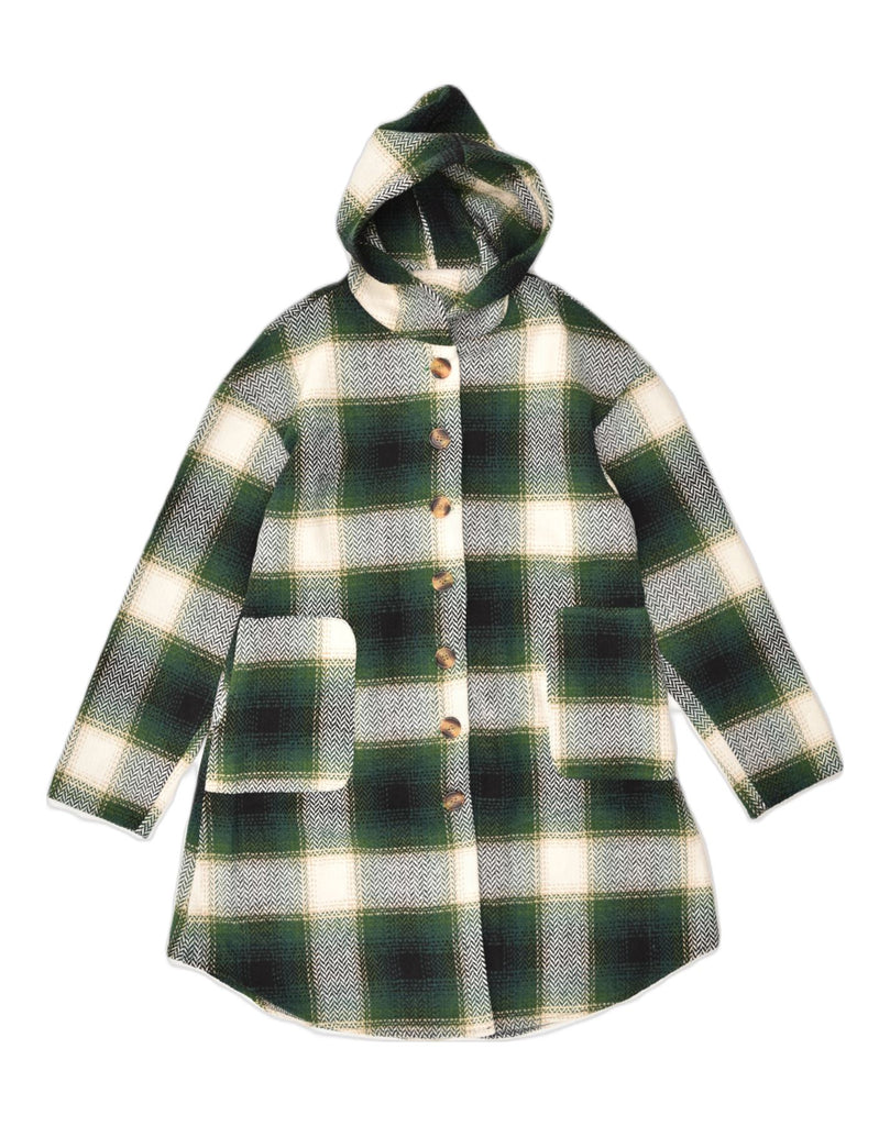 SHEIN Womens Hooded Overcoat UK 14 Large Green Check Polyester | Vintage Shein | Thrift | Second-Hand Shein | Used Clothing | Messina Hembry 