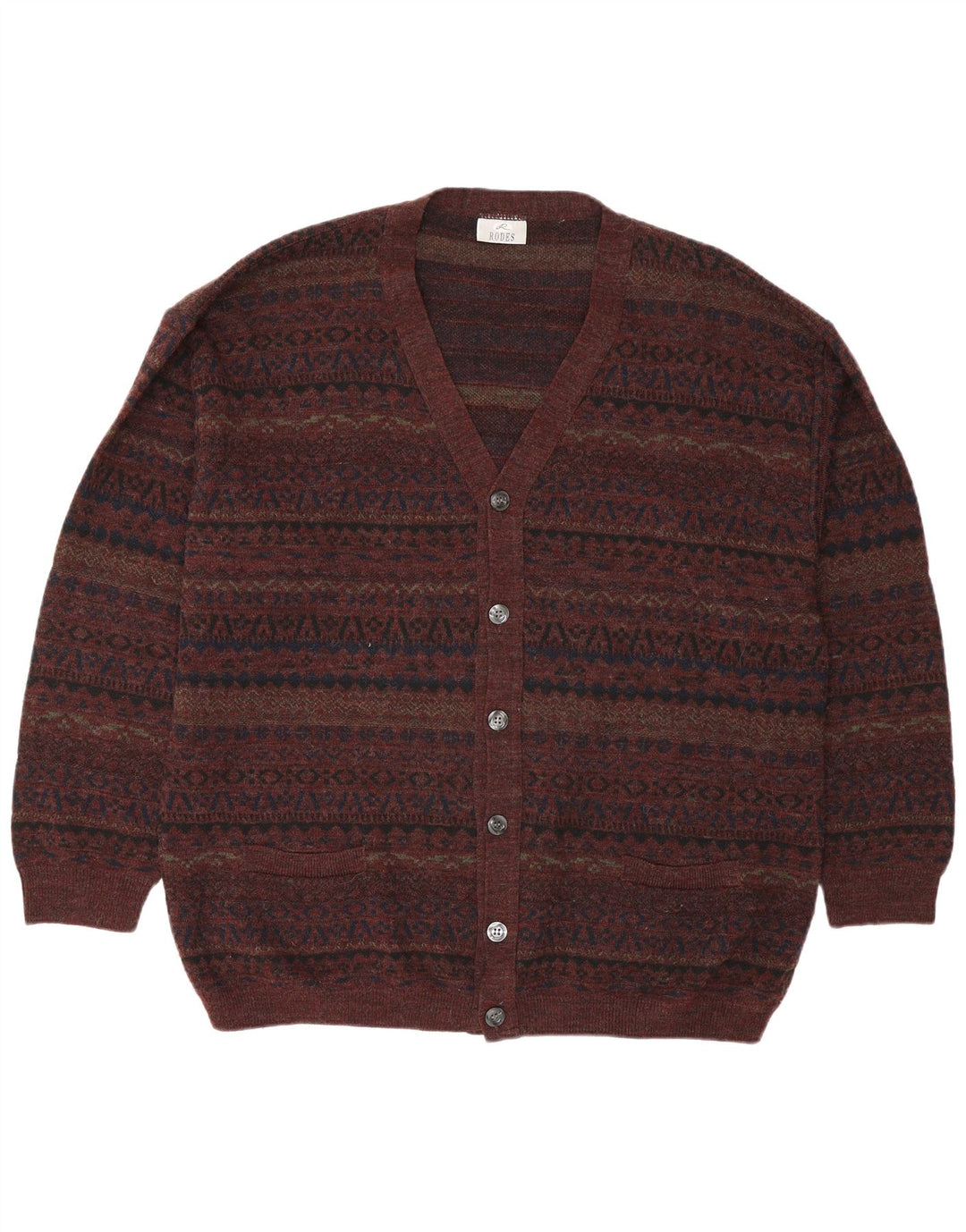 Rodes Mens Cardigan Sweater 2XL Brown Geometric Wool