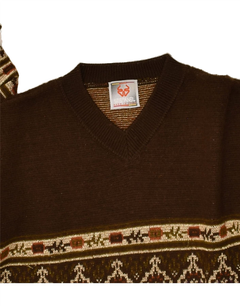 STEFANEL Womens V-Neck Jumper Sweater UK 14 Large Brown Fair Isle | Vintage Stefanel | Thrift | Second-Hand Stefanel | Used Clothing | Messina Hembry 