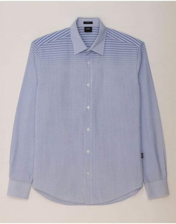 Hugo Boss Mens Slim Fit Shirt Small Blue Striped Cotton